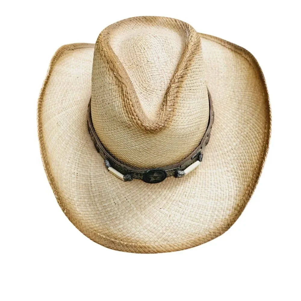 Bullhide Dundee Shapeable Straw Cowboy Hat Sz L Leather Band Barrel Bead Western